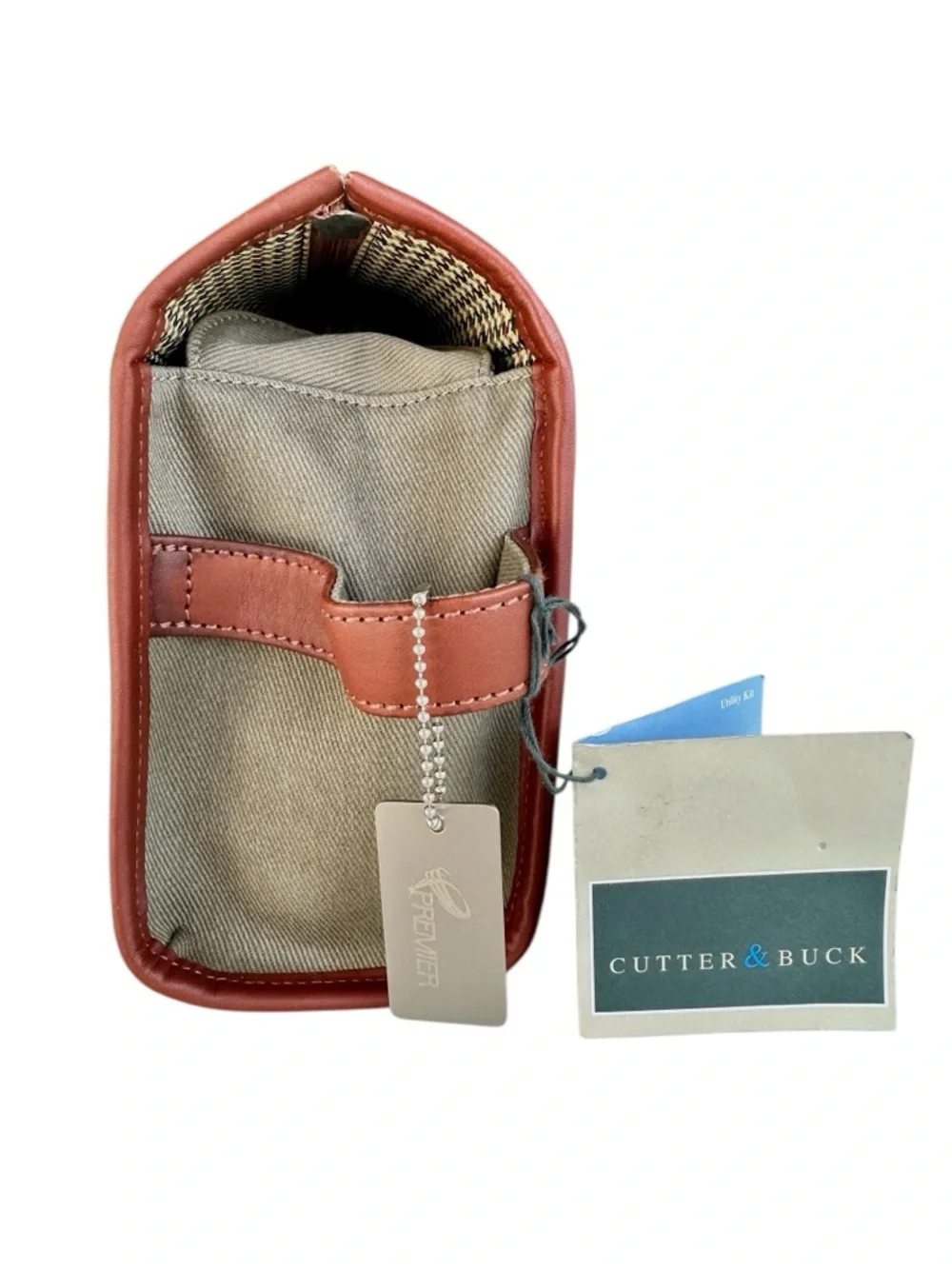 Cutter & Buck NWT Travel Toiletry Kit Bag Khaki Fabric Top Grain Leather Trim